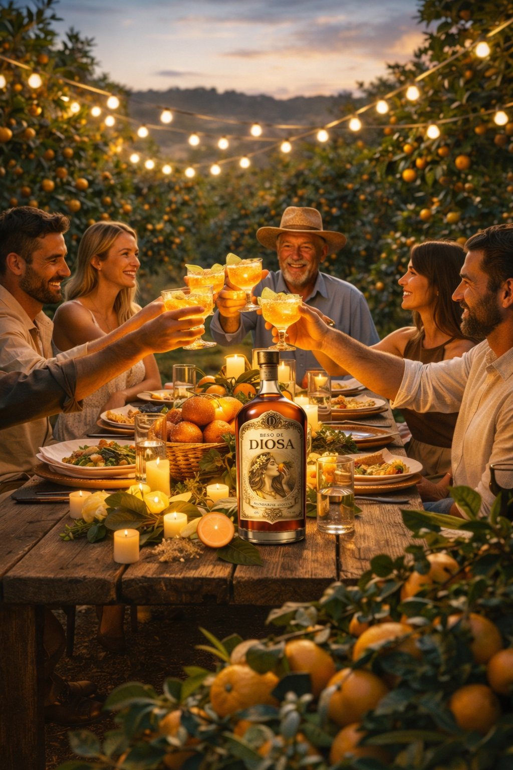 Outdoor citrus grove celebration dinner at golden hour