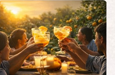 Friends toasting with Beso de Diosa at golden hour