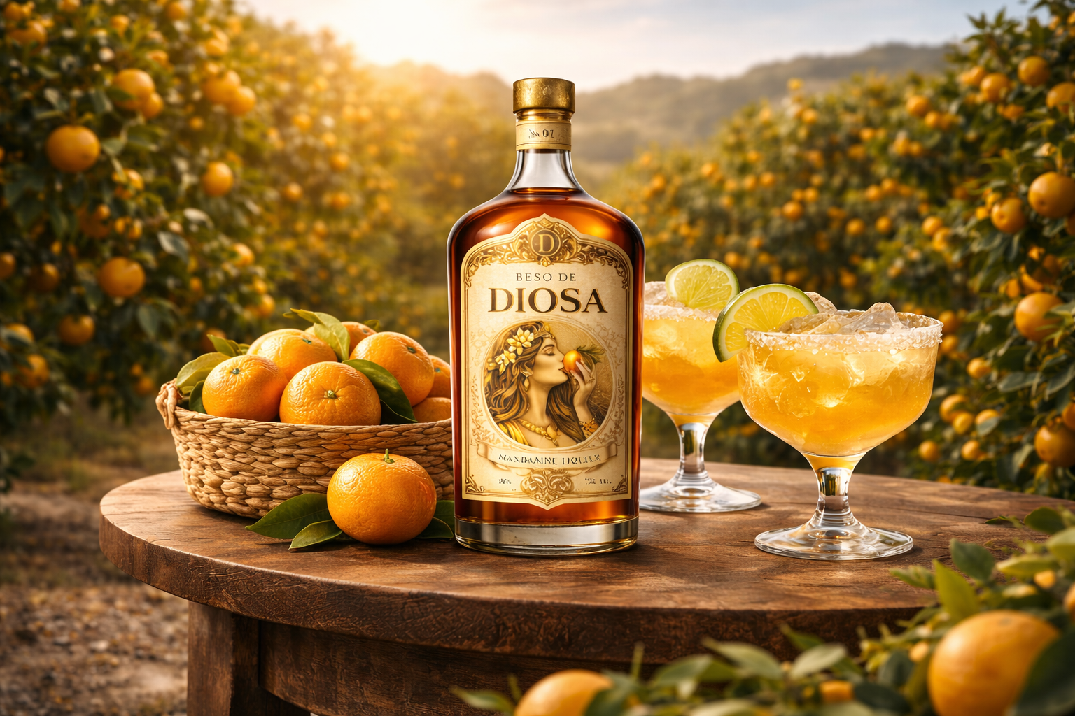 Beso de Diosa bottle with fresh mandarins and margaritas in a California citrus grove at golden hour